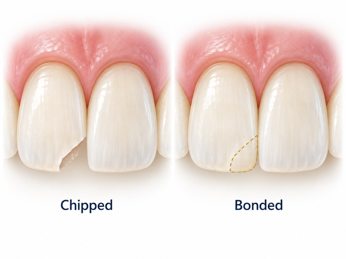 A chipped front tooth on the left and the same tooth rebuilt with composite bonding on the right