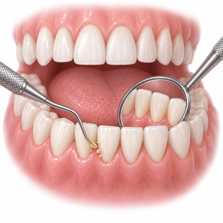 Dental instruments removing tartar from the lower front teeth at the gumline
