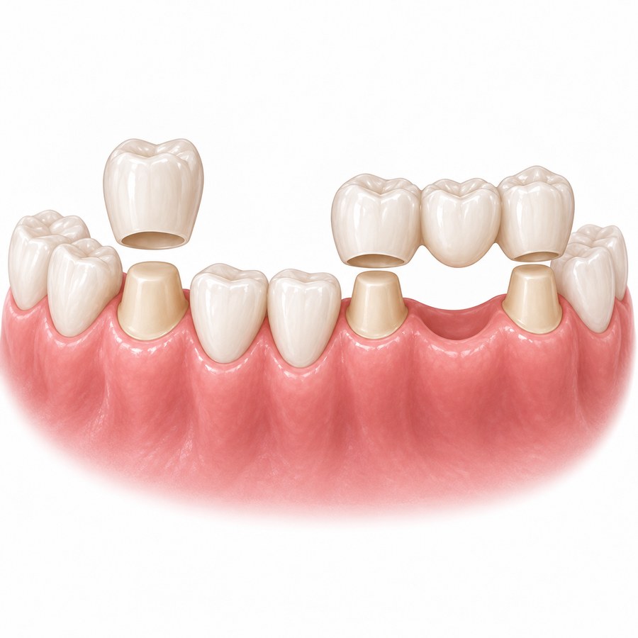 A single crown and a three-unit bridge above prepared teeth on the lower arch