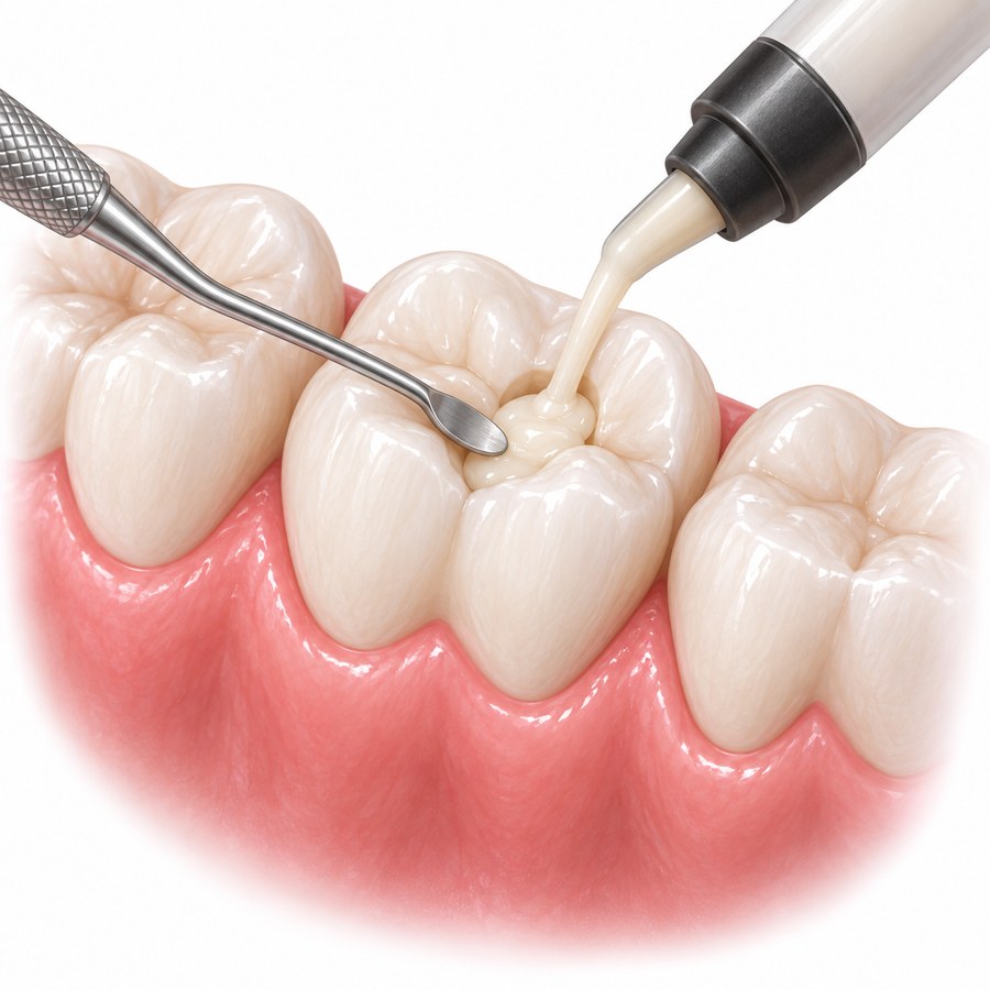 Tooth-colored composite being placed into a prepared cavity in a molar