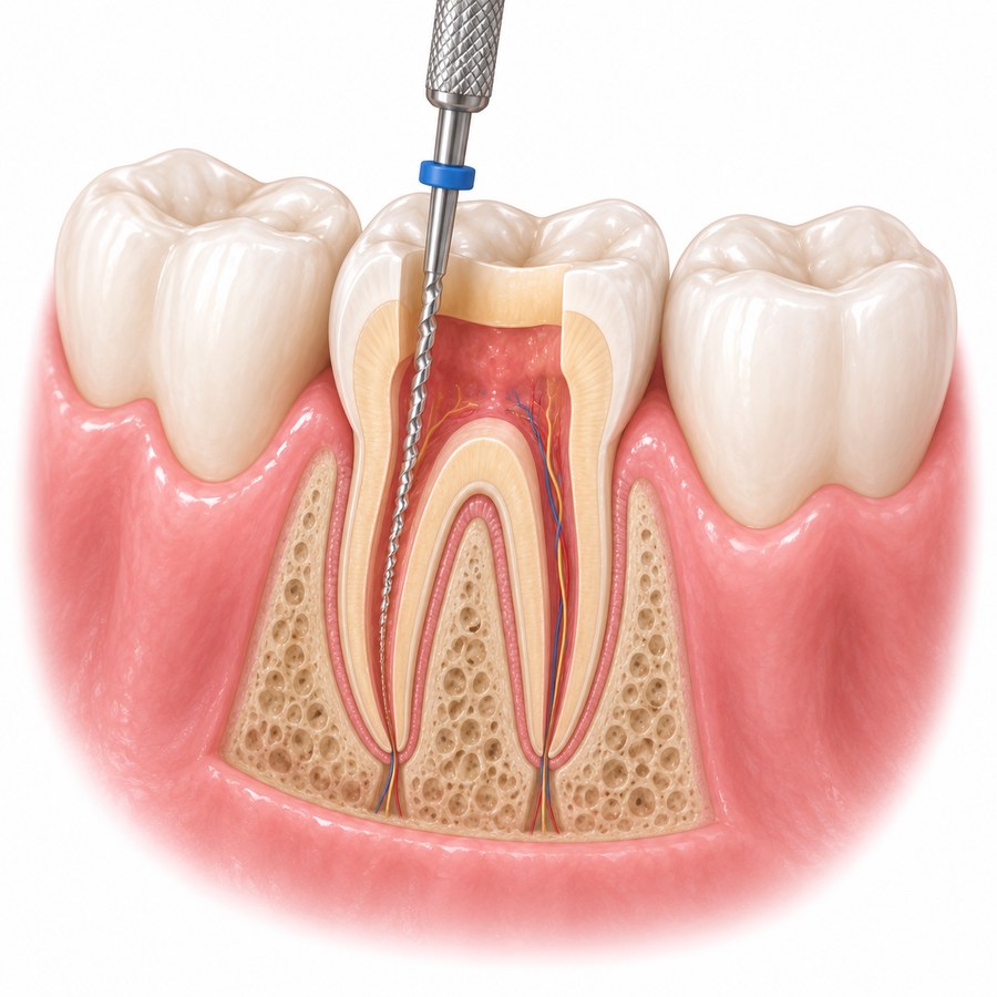 A file cleaning the canal inside a molar, shown in cross-section