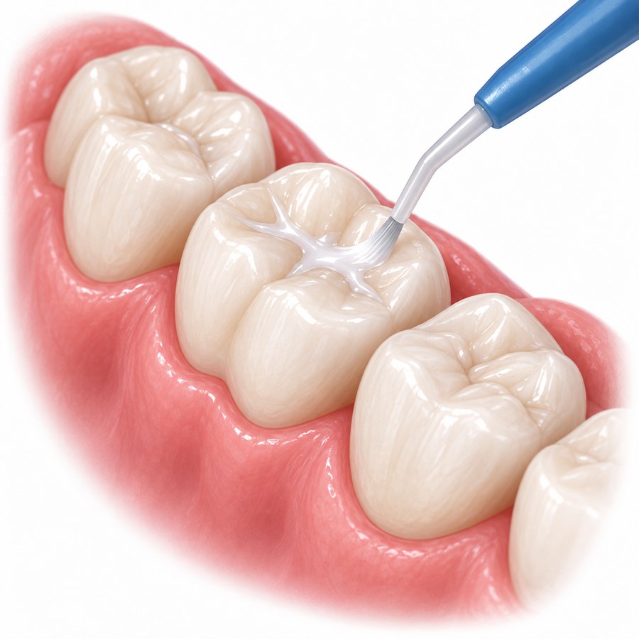 A sealant being flowed into the grooves on the chewing surface of a molar