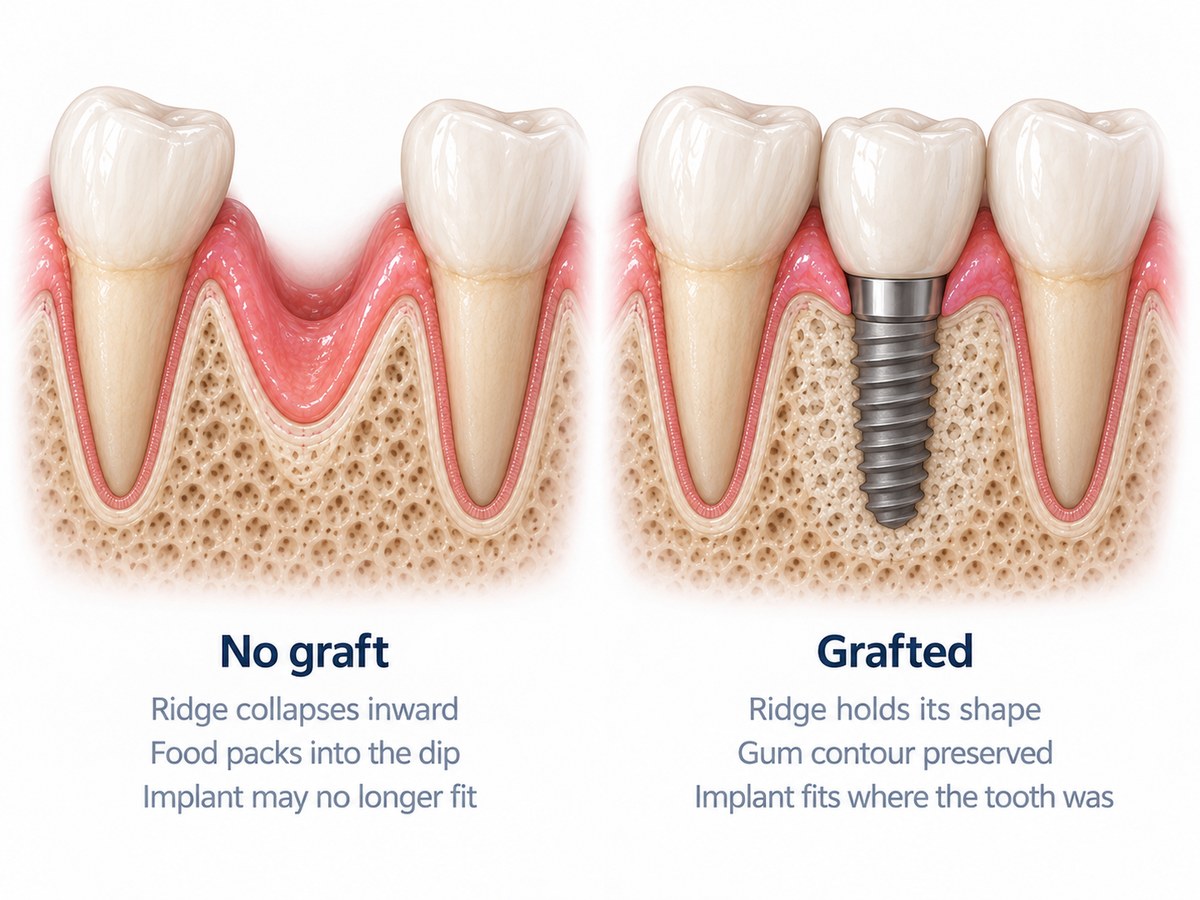Two ridges after healing: ungrafted and collapsed on the left, grafted and holding an implant on the right